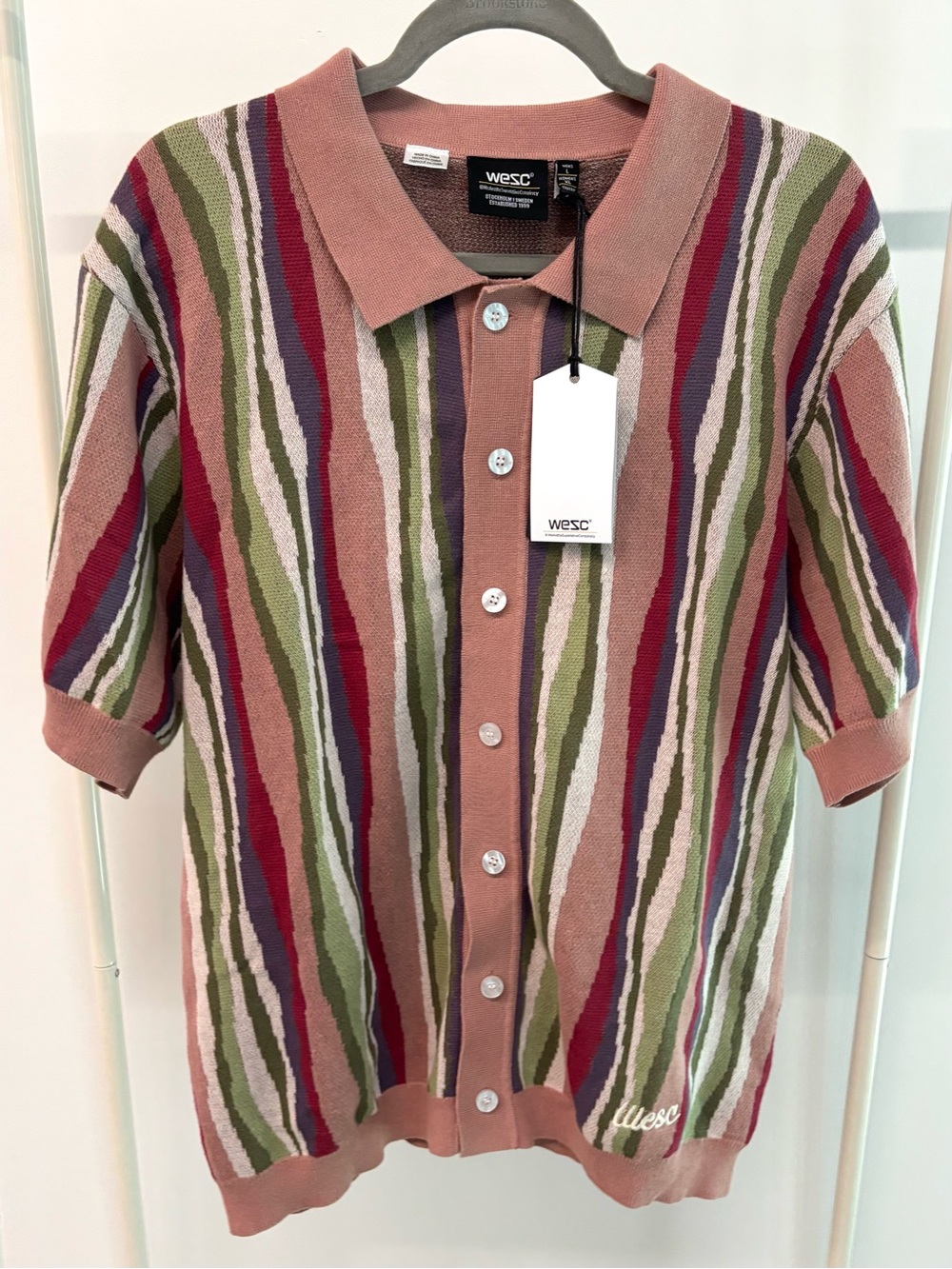 WESC Unisex Wavy Striped Knit Button-Up Polo — Retro Inspired Knit Piece